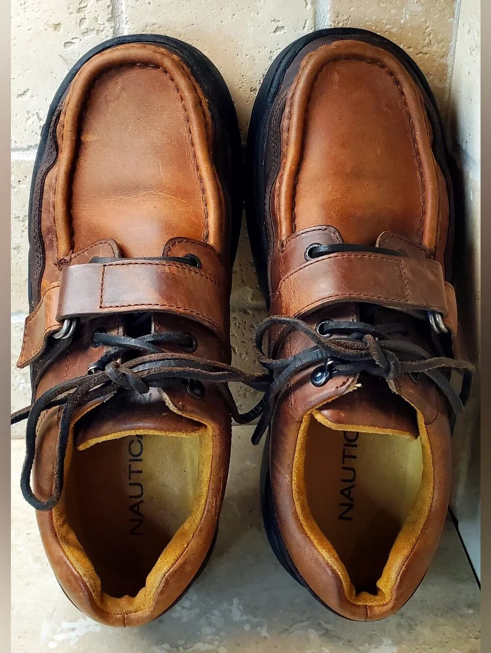 Nautica Men's Moc Toe Brown Leather Lace Up Buckle Strap Shoes US 10M